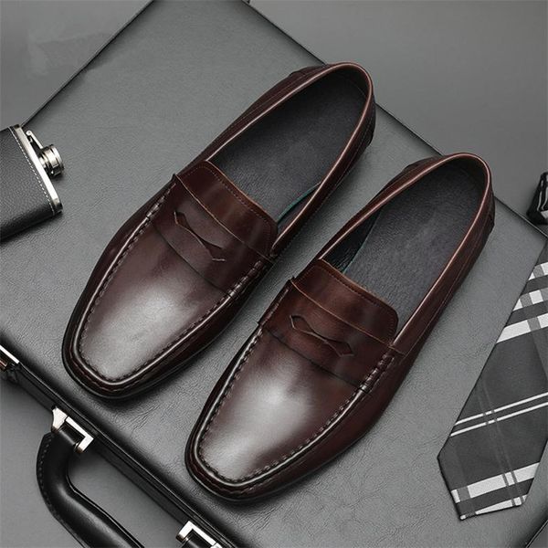 

dress shoes fashion classic men casual breathable slip on loafers genuine leather moccasins comfortable flat male waterproof footwear, Black