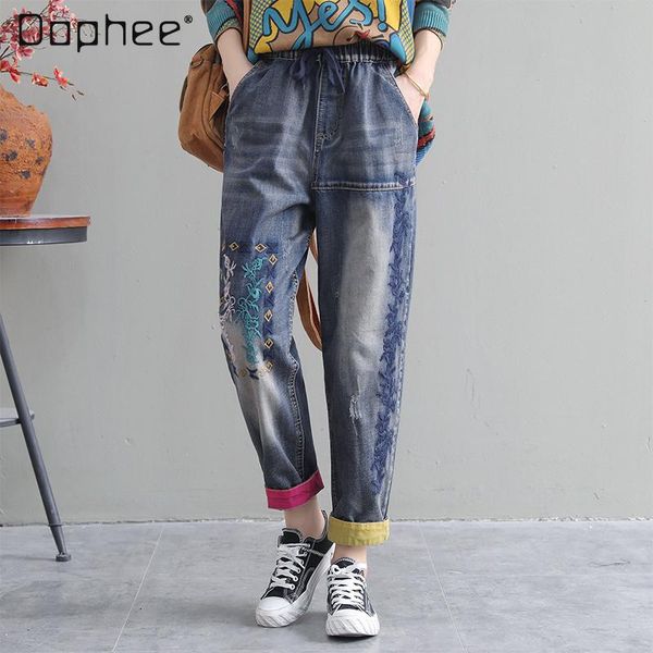 

women's jeans 2021 spring and autumn plus size embroidered for women loose retro ethnic style casual denim pants harem, Blue