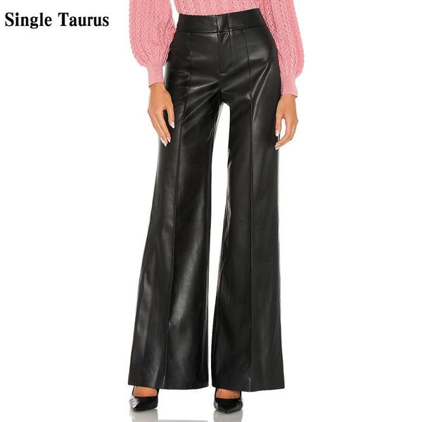 

women's pants & capris faux leather black wide leg pant women 2021 spring loose high waist casual streetwear fashion pu lady mujer pant, Black;white
