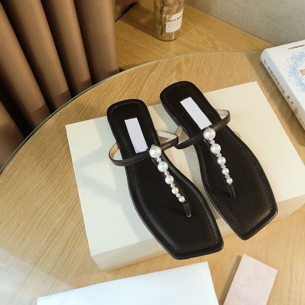 2021 роскошный дизайнер alaina плоские сандалии жемчуга кожа элегантный минималистский женские вечеринки квадратные туфли на улице тапочки