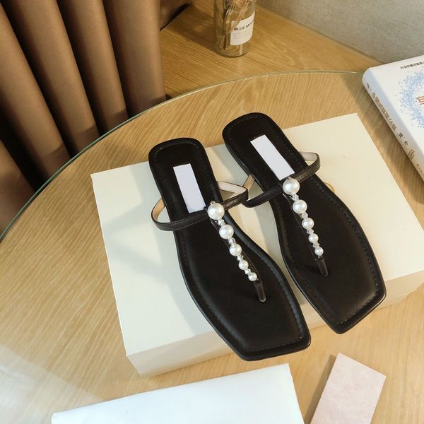 

2021 luxury designer alaina flat sandals pearl leather elegant minimalist women's party square shoes outdoor slippers, Black