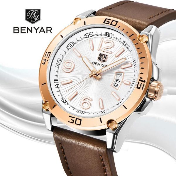 

wristwatches benyar mens watches military fashion 2021 automatic date men's watch business sports quartz wristwatch relogio masculino, Slivery;brown