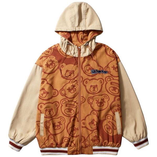 

men's hoodies & sweatshirts men harajuku bear print patchwork hoodie jacket coats autumn oversized cotton full zipper pink pullo, Black