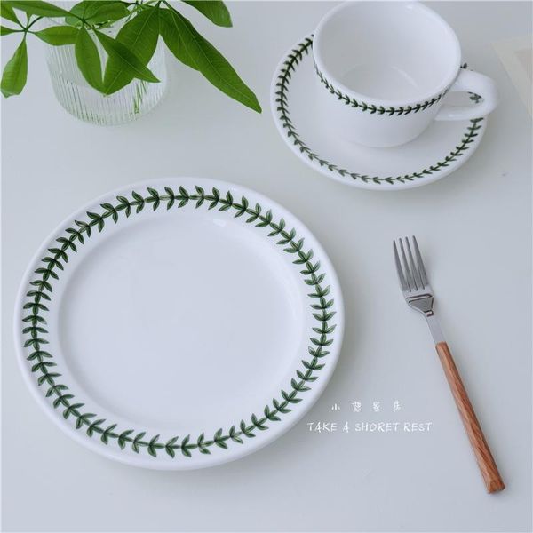 

cups & saucers ceramic teacup green leaf plate coffee cup heat-resistant english french and saucer set dessert fork