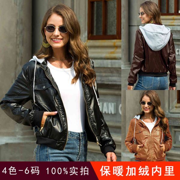 

leather jacket high fashion men belt winter plush thickened hooded short coat, Black