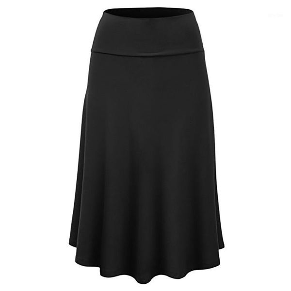 

high waist skirts fashion womens long skirt ladies plus size solid flare hem midi skirt uniform pleated skirts #11251, Black