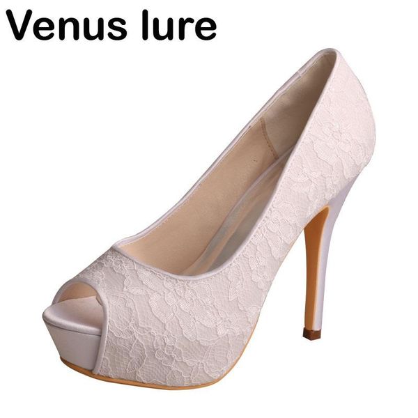 

wedopus white lace heels for women open toe ivory high heel platform pumps for wedding, Black