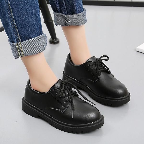 

flat shoes kids black leather leisure boys girls formal 27-38 fashion pu soft hook-loop lace-up children shoe, Black;grey