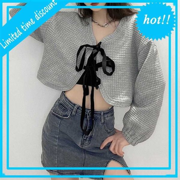 

wind 2021 autumn and winter new wear solid color loose long sleeve open navel bandage cardigan women's coat, White