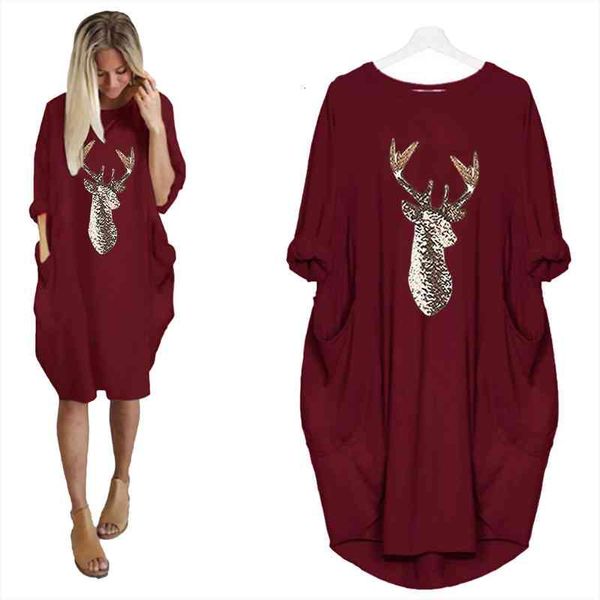 

Red Elk Print Christmas Elegant Dress Women Long Sleeve Party Pocket Dress Femme Plus Size Clothing Christmas Robe, Black;gray