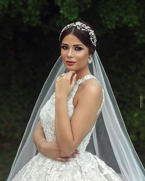 

luxury 2021 new lace muslim bride es sleeveless buttons tulle bridal wedding gowns plus size ball gown robe de mariee oyoe, White