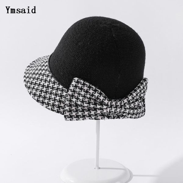 

wide brim hats autumn winter thicken warm for women knitted bucket hat foldable dome elegant lattice fisherman cap party female caps gift, Blue;gray