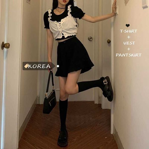 

fashion three-piece female ss korean student long-sleeved bottoming shirt + suspenders black skirt pants trend suit 210526, White