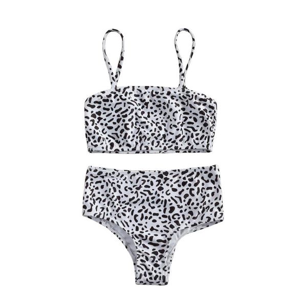 

one-pieces 2 pcs girls swimming suits, sleeveless leopard print bikini with spaghetti strap + bottoms, Black