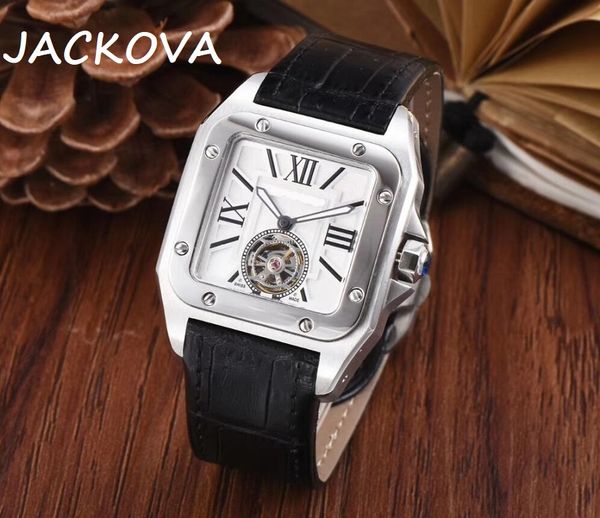 

square designer mens watches mechanical automatic movement genuine leather strap original clasp sapphire glass super luminous montre de luxe, Slivery;brown