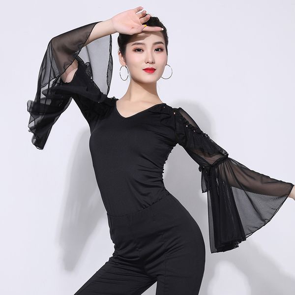 

latin dance clothes women 2021 horn sleeve black dancewear performance wear standard ballroom waltz dance costume 1467, Black;red