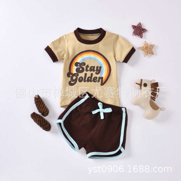 

apricot children's set gl2037 dark rainbow letters with coffee shorts, White