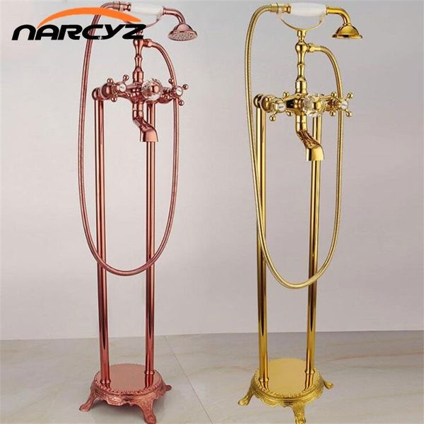 

shower set floor-standing handheld bathtub double-handle faucet classic brass and cold golden bathtub faucet shower 50111