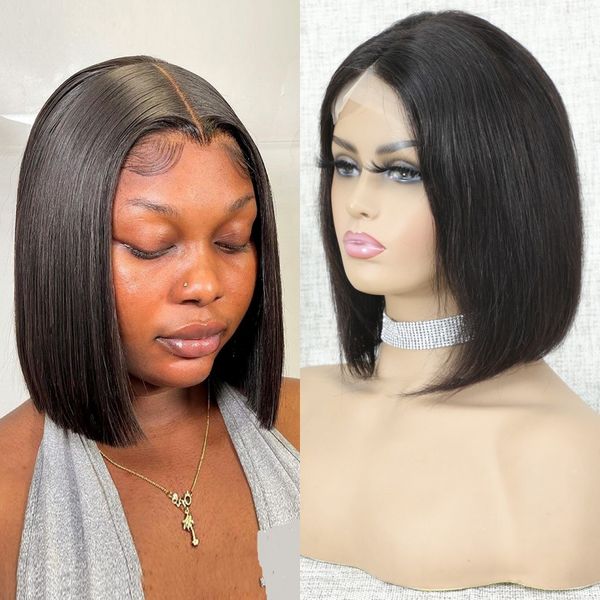 

mongolian straight lace wigs short bob remy human hair 4x4 closure wig for black women natural color, Black;brown
