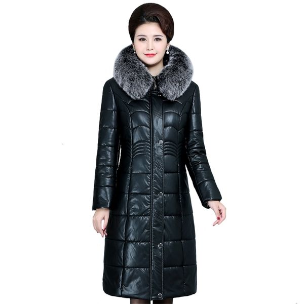 

women winter leather jacket hooded thick warm windproof jacket long coat plus size 6xl winter pu fur parkas female overcoat 201211, Black