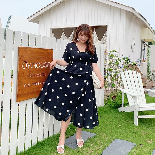 

2021 new fashion women large size summer dot v collar dress 2062+2063 99f6, Black;gray