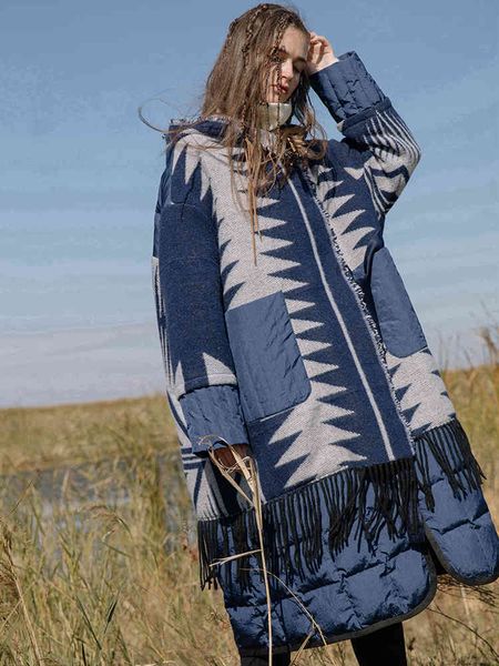 

women's down & parkas original design women puffer coat winter indian totem pattern tassel thicken warm jacquard wool patchwork white d, Black