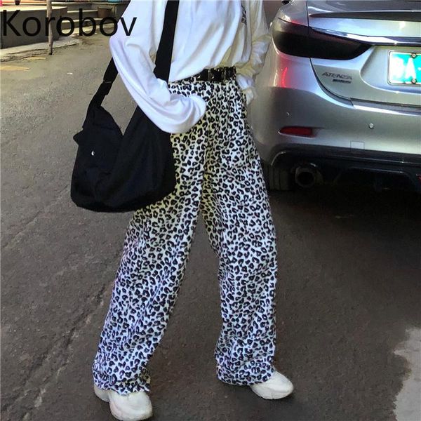 

women's pants & capris korobov korean retro leopard wide leg high waist hip casual trousers harajuku style streetwear pantalones, Black;white