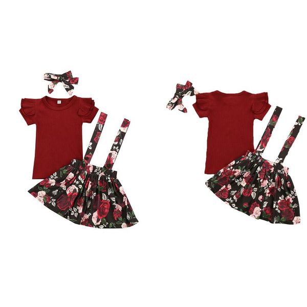 

girl's short flying sleeve solid t-shirt + flower print suspender skirt + bow headwear 3-piece suit for birthday party 1-5 years, White