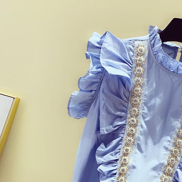

super fire short sleeve shirt female sweet flounces beads studded chiffon blouse summer autumn ladies blusa white pink blue