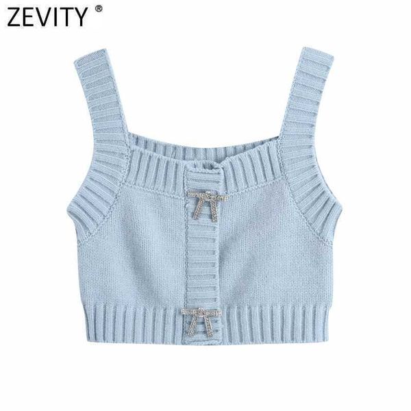 

zevity women fashion solid color diamond bow knitting sling sweater female basic spaghetti strap short vest chic crop s655 210603, White