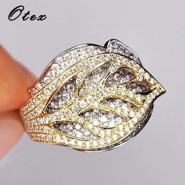 

cluster rings luxury crystal micro inlaid zircon ring personality design leaf shape classic vintage style jewelry women accessories, Golden;silver