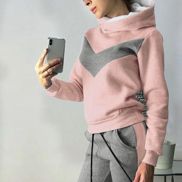 

fashion two tone hoodies 2 piece tracksuit for women warm plush sweatshirt two piece set drawstring women sports suit, Gray