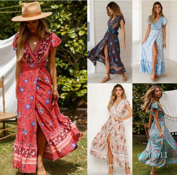 

women boho floral long maxi dress v-neck floral split dress summer beach sundres, Black;gray