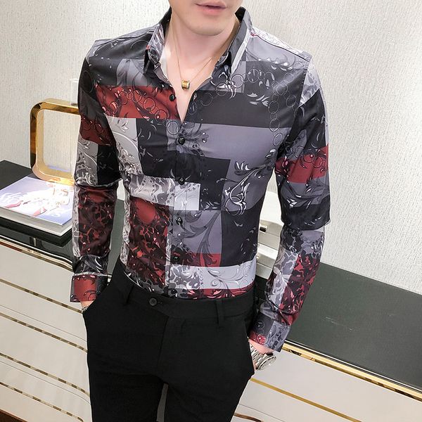 

2021 new fashion autumn digital male shirt long korean thin fit casual shirts all game 72z7, Black;brown