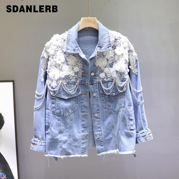 

women's jackets light blue jeans jacket for women 2021 spring fall machine embroidery flower beaded crystal edge chain coat female, Black;brown