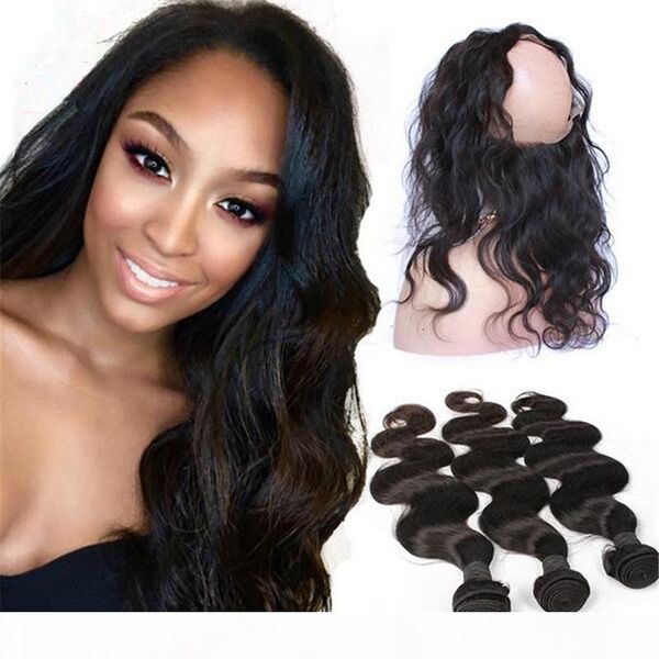 

pre plucked 360 lace frontal with bundles 9a peruvian hair body wave with 360 circular back lace frontal with 3 bundles, Black