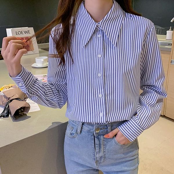 

women's blouses & shirts lukaxsikax 2021 arrival spring autumn women long sleeve shirt fashion blue vertical striped casual, White