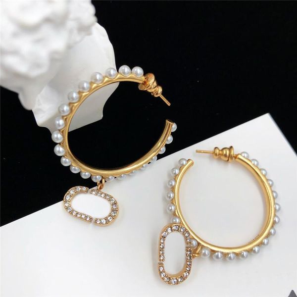 

full pearl circle charm earrings women rhinestones pendant studs designer letter diamond eardrop with stamp gift box, Golden