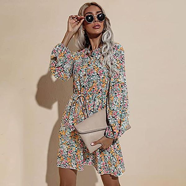 

casual dresses elegant floral chiffon dress women's summer print long sleeve bow neck a-line causal, Black;gray