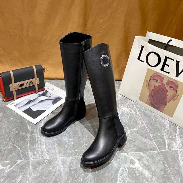 

luxurious brand womens cowboy boots autumn round toe knee head layer of soft cowhide knight cow leather snow martin winter non-slip shoes si, Black