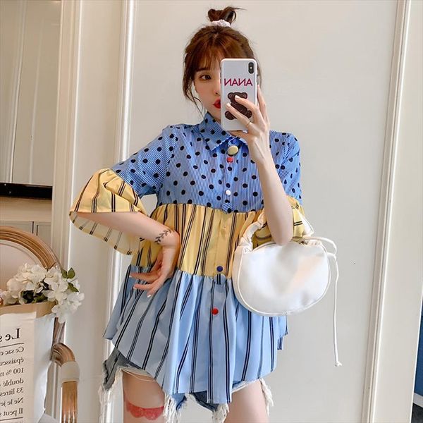 

large size loose and womens shirt fat mm summer korean wave spot stitching striped for women, White