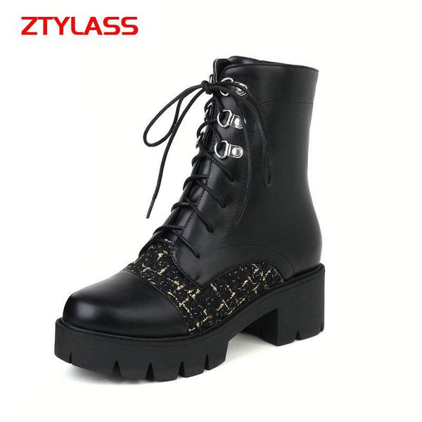

boots lace up platfrom women fashion mixed colors chunky high heel ankle autumn winter woman shoes, Black