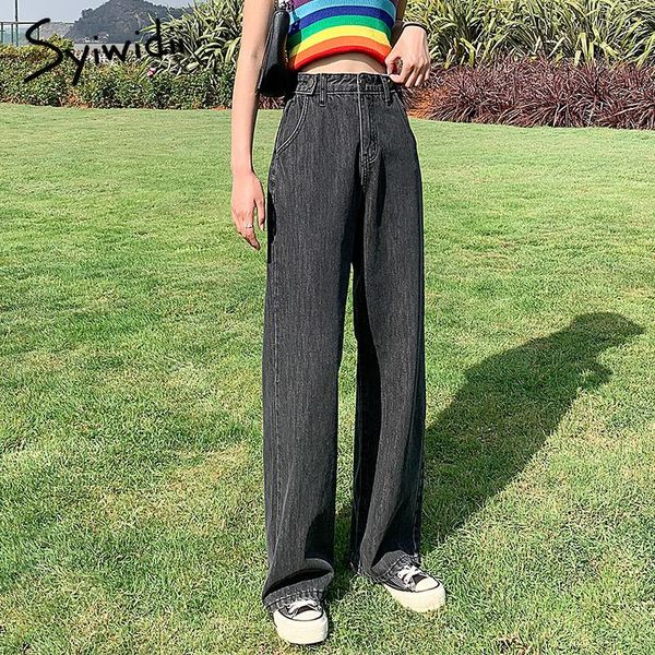 

women's jeans syiwidii y2k baggy wide leg woman denim pants straight high waist trousers fashion vintage streetwear clothing, Blue