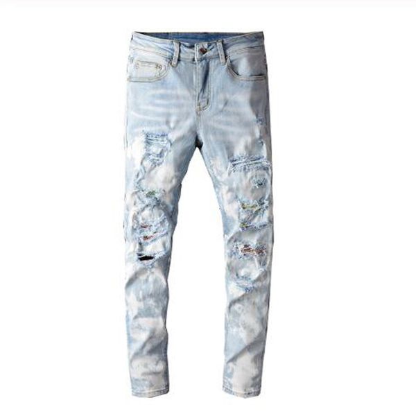 

New Male Light Blue Crystal Snow Washed Streetwear Thin Strass Jeans Et3c