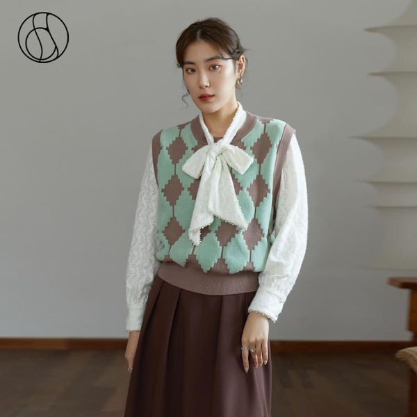 

women's vests dushu winter all-match check sweater retro contrasting slim knitted sweaters sleeveless jacket women v-neck vest, Black;white