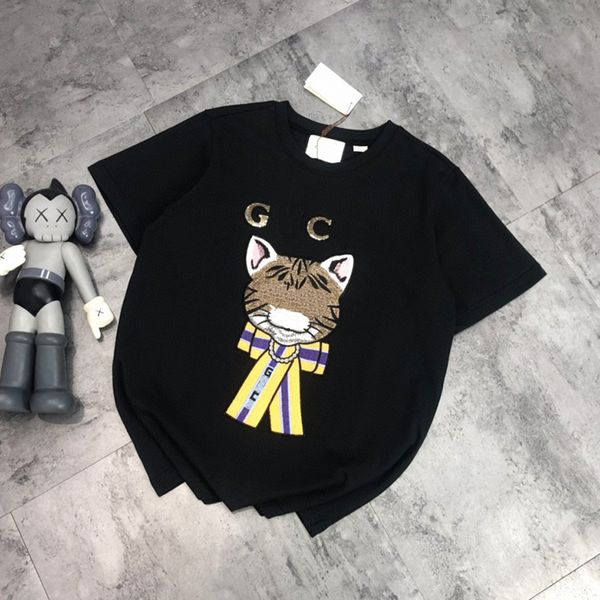

g2021 summer heavy industry embroidery cat round neck short sleeve female sequin letter fashion loose t-shirt top, White