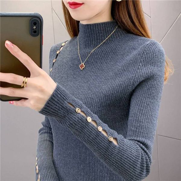 

new style autumn winter womens knit sweater fashion half turtleneck hollow out buttons decor oversize slim cozy knitwear female, White;black