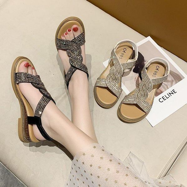 

sandals women's wedge 2021 korean style flat summer rhinestone fairy roman, Black