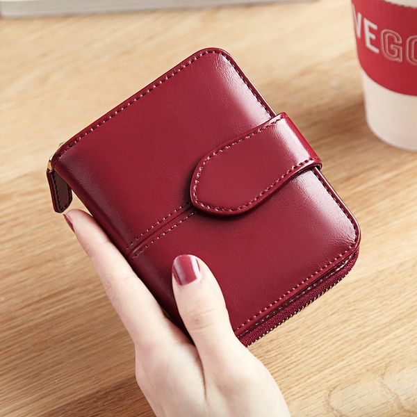 

new purse women short wallets wax oil skin zipper hasp wallet coin pocket female fashion purse card holder porte monnaie femm, Red;black