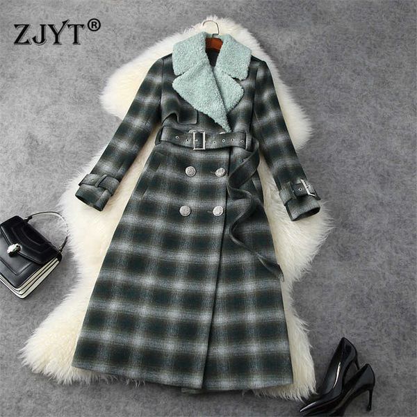 

england style winter runway fashion fur collar vintage plaid thick woolen jackets and coats women long overcoat female outerwear 210601, Black